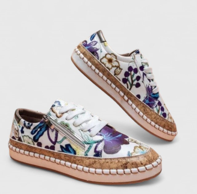 Céleste Marlowe | Floral Print Platform Lace-Up Sneakers with Cork Sole