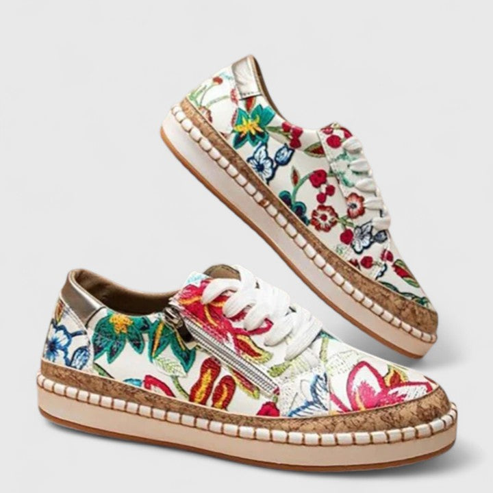 Céleste Marlowe | Floral Print Platform Lace-Up Sneakers with Cork Sole