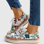 Céleste Marlowe | Floral Print Platform Lace-Up Sneakers with Cork Sole