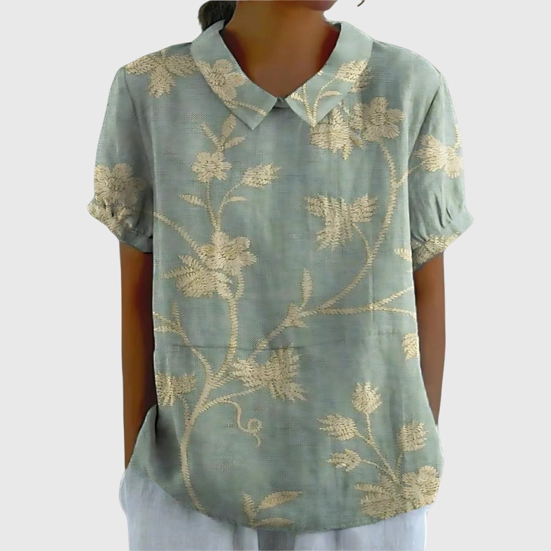 Colette Vaudrenne | Green Floral Print Short Sleeve Blouse