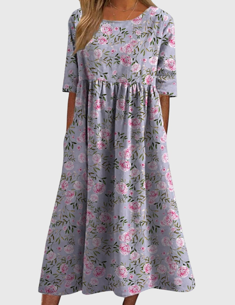 Célimène Fairgrove | Blue Floral Midi Dress with Half Sleeves