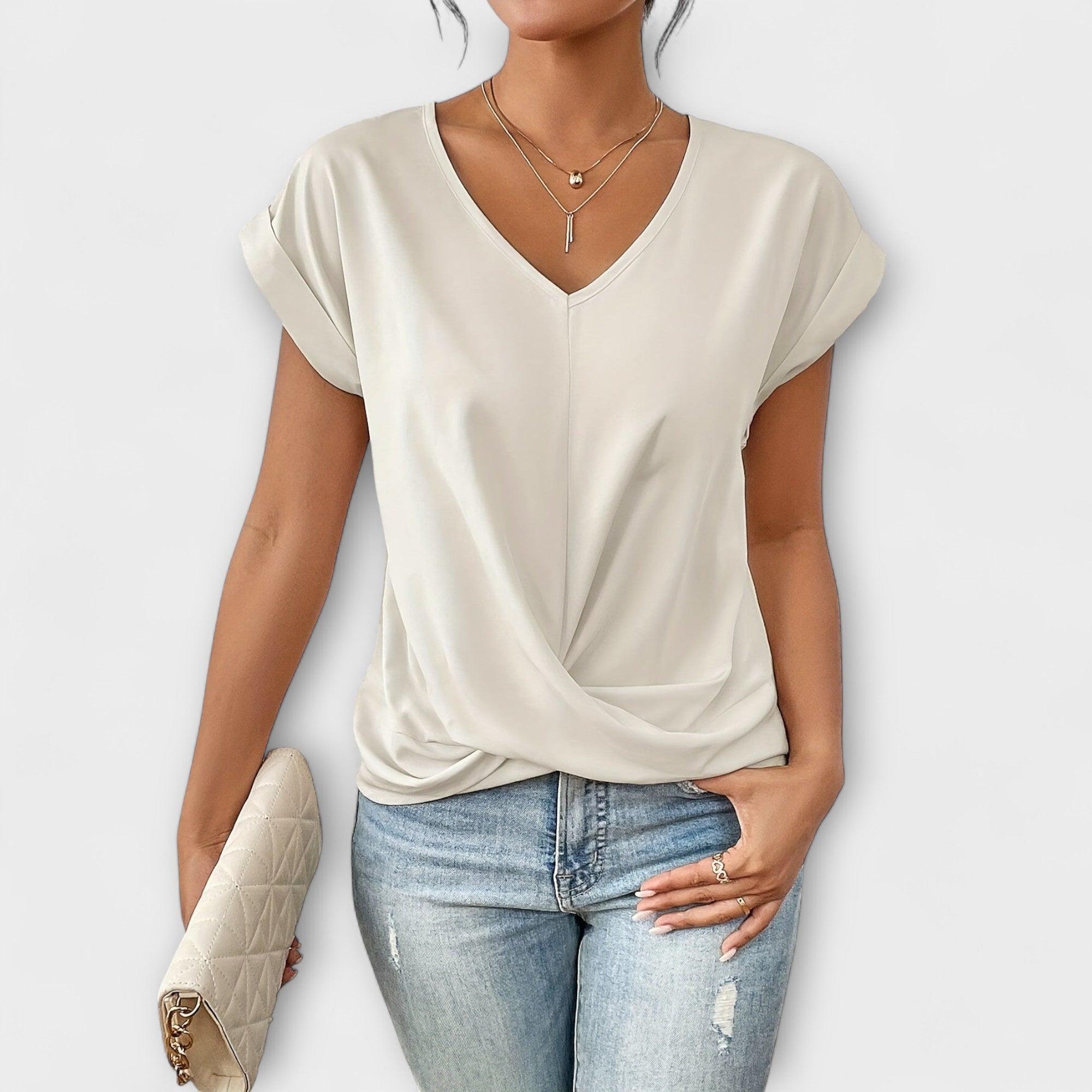 Léonie Charpentier | Brown V-Neck Twist Hem Short Sleeve Top
