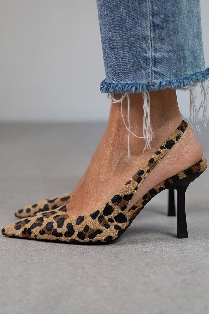 Camille Devereaux | Khaki Leopard Print Pointed Toe Slingback Heels