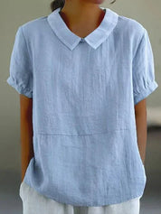Evangeline Crestbourne | Sky Blue Peter Pan Collar Linen-Look Top