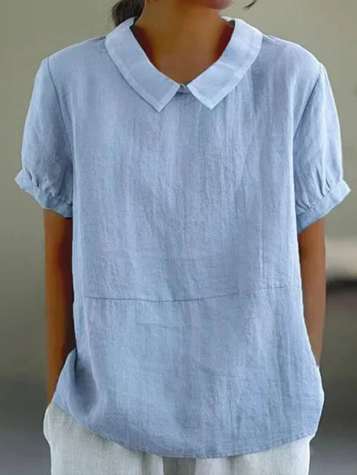 Evangeline Crestbourne | Sky Blue Peter Pan Collar Linen-Look Top