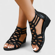 Henriette Beausoleil | Rhinestone Gladiator Wedge Sandals in Beige