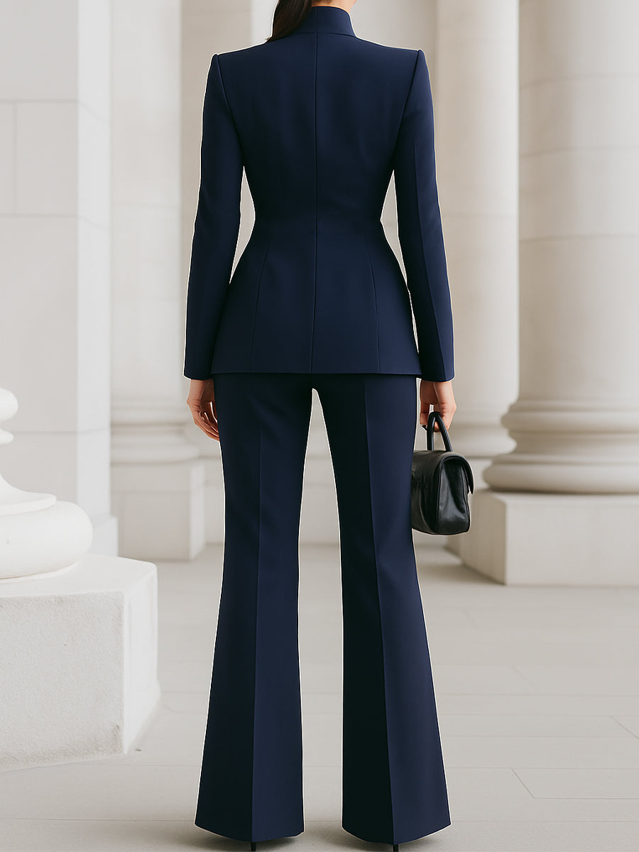 Celestine Vauvray | Navy Blue Stand Collar Blazer & Wide Leg Pants Two-Piece Set