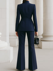 Celestine Vauvray | Navy Blue Stand Collar Blazer & Wide Leg Pants Two-Piece Set