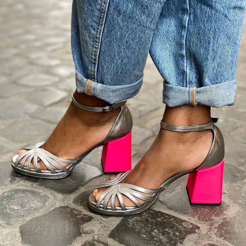 Thérèse Galvani | Metallic Silver Open-Toe Block Heel Sandals with Fuchsia Heel