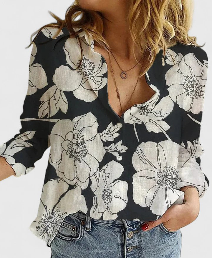 Florentine Kenswick | Women's Navy Linen Button-Down Shirt with Lapel Collar