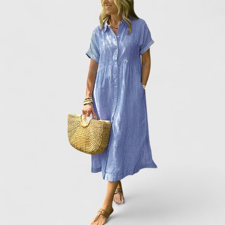 Clarisse Devonport | Blue Striped Linen Midi Shirt Dress