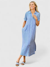 Clarisse Devonport | Blue Striped Linen Midi Shirt Dress