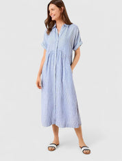 Clarisse Devonport | Blue Striped Linen Midi Shirt Dress