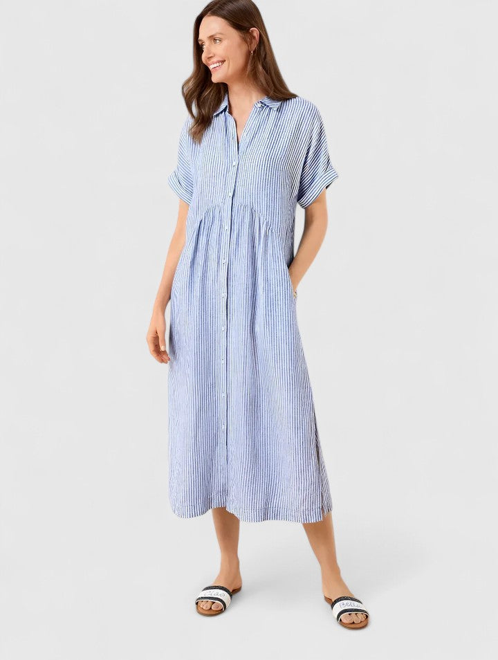 Clarisse Devonport | Blue Striped Linen Midi Shirt Dress