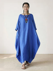Aurore Bellefontaine | Oversized Blue Linen Boho Maxi Dress with 3/4 Sleeves