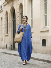 Aurore Bellefontaine | Oversized Blue Linen Boho Maxi Dress with 3/4 Sleeves