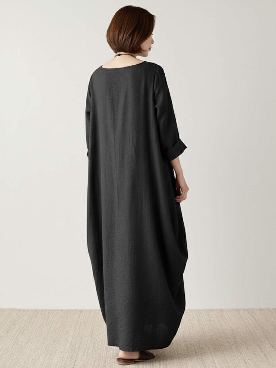 Aurore Bellefontaine | Oversized Blue Linen Boho Maxi Dress with 3/4 Sleeves