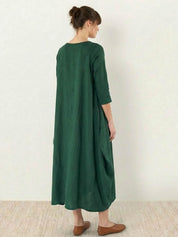Aurore Bellefontaine | Oversized Blue Linen Boho Maxi Dress with 3/4 Sleeves