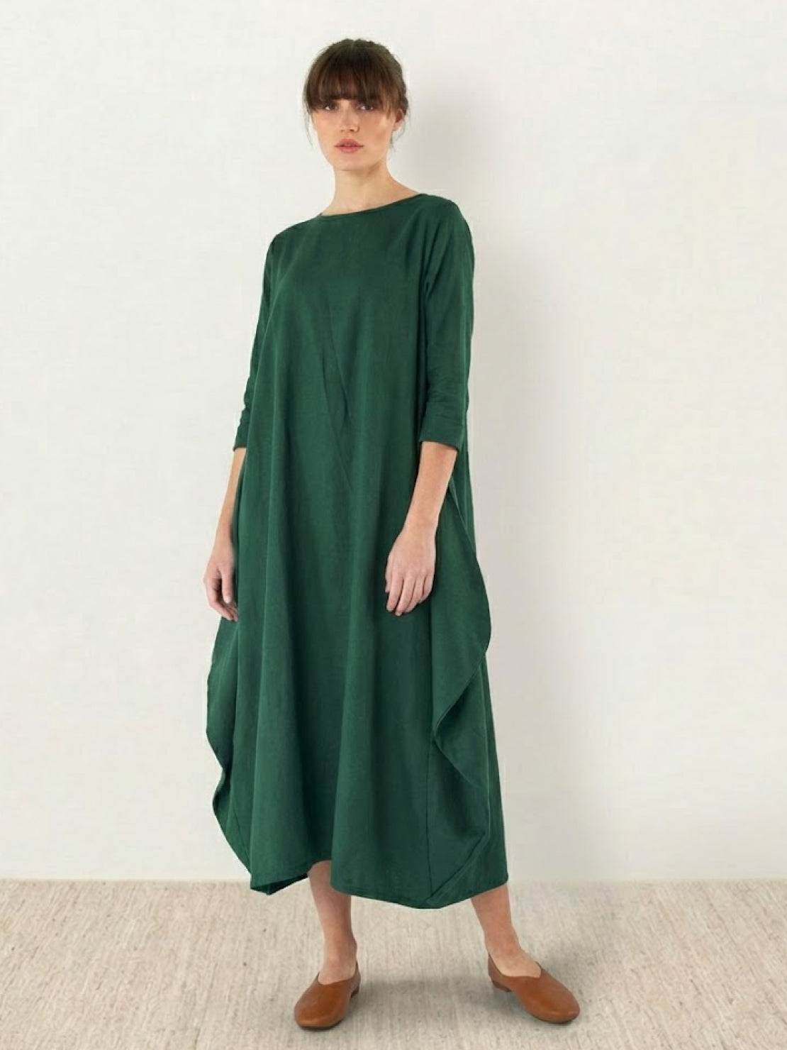 Aurore Bellefontaine | Oversized Blue Linen Boho Maxi Dress with 3/4 Sleeves