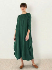 Aurore Bellefontaine | Oversized Blue Linen Boho Maxi Dress with 3/4 Sleeves