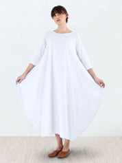 Aurore Bellefontaine | Oversized Blue Linen Boho Maxi Dress with 3/4 Sleeves