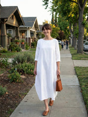 Aurore Bellefontaine | Oversized Blue Linen Boho Maxi Dress with 3/4 Sleeves