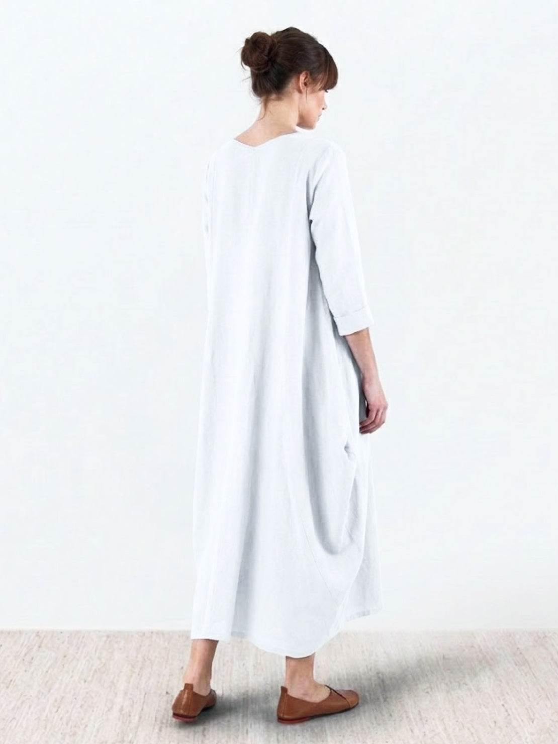 Aurore Bellefontaine | Oversized Blue Linen Boho Maxi Dress with 3/4 Sleeves