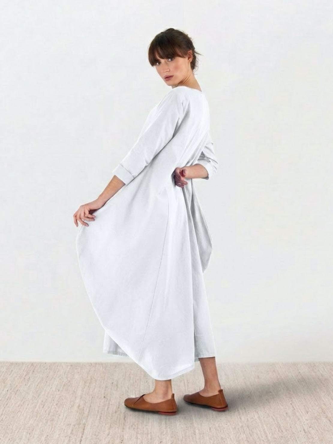 Aurore Bellefontaine | Oversized Blue Linen Boho Maxi Dress with 3/4 Sleeves