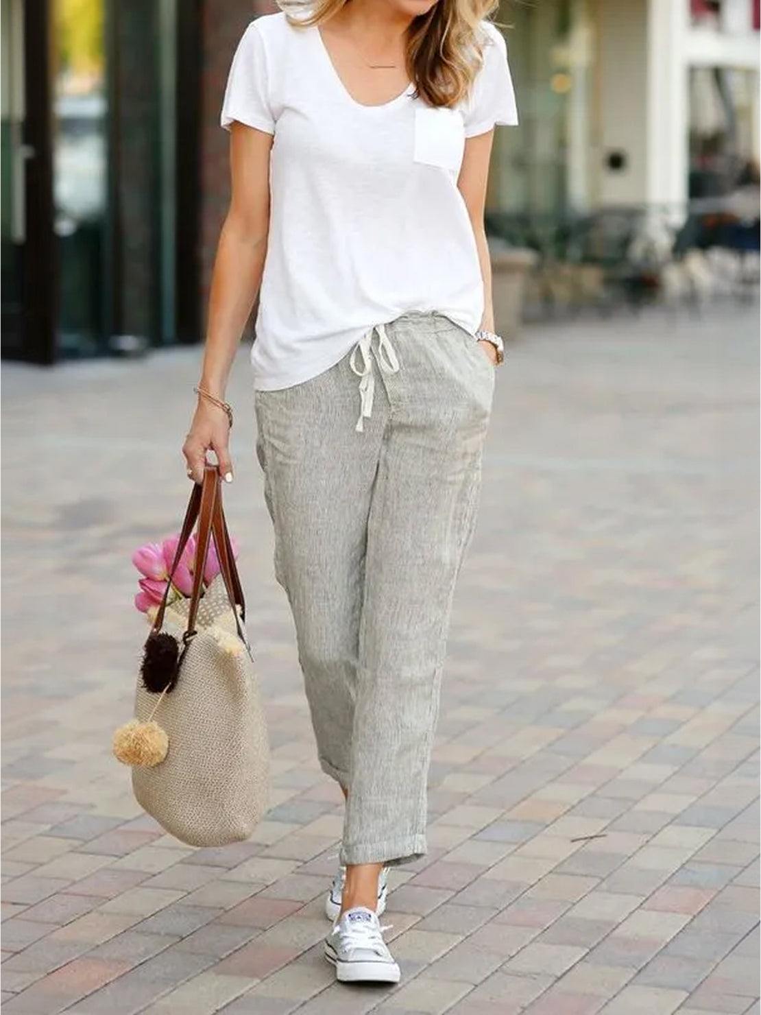 Ceciliane Mortvaux | Women's Linen-Look Drawstring Straight-Leg Trousers