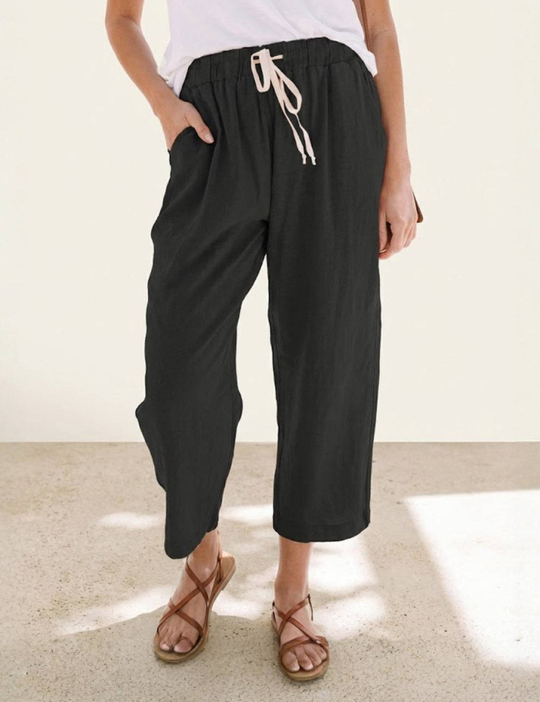 Ceciliane Mortvaux | Women's Linen-Look Drawstring Straight-Leg Trousers