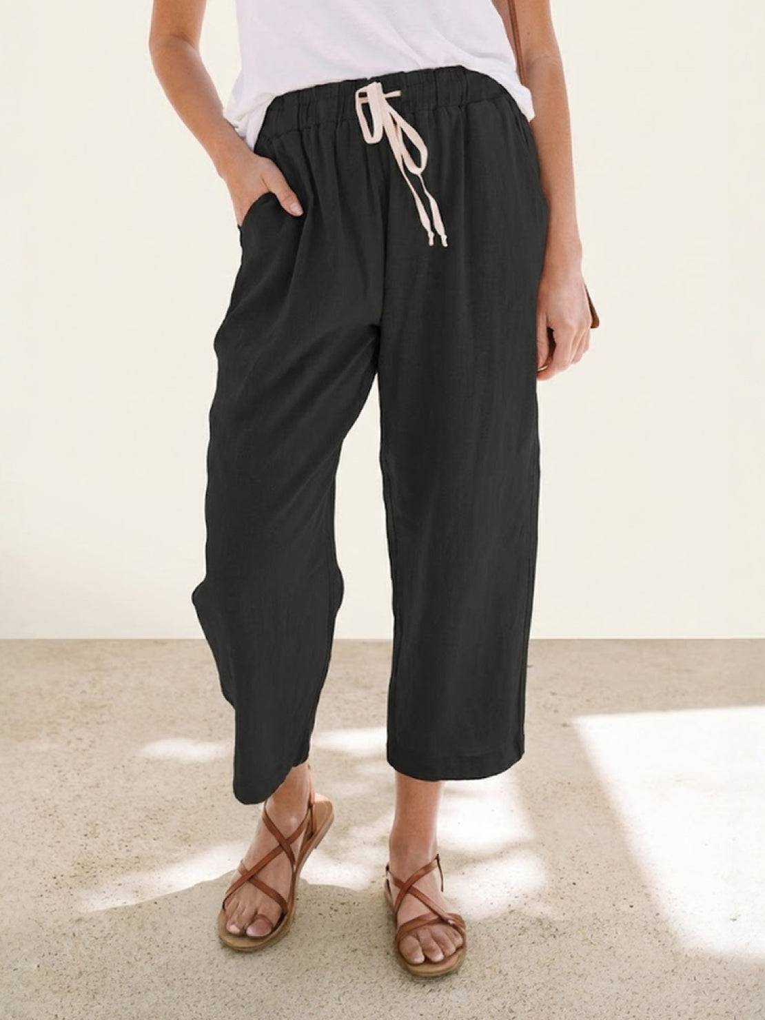 Ceciliane Mortvaux | Women's Linen-Look Drawstring Straight-Leg Trousers