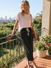 Ceciliane Mortvaux | Women's Linen-Look Drawstring Straight-Leg Trousers