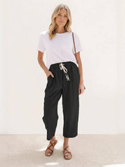 Ceciliane Mortvaux | Women's Linen-Look Drawstring Straight-Leg Trousers