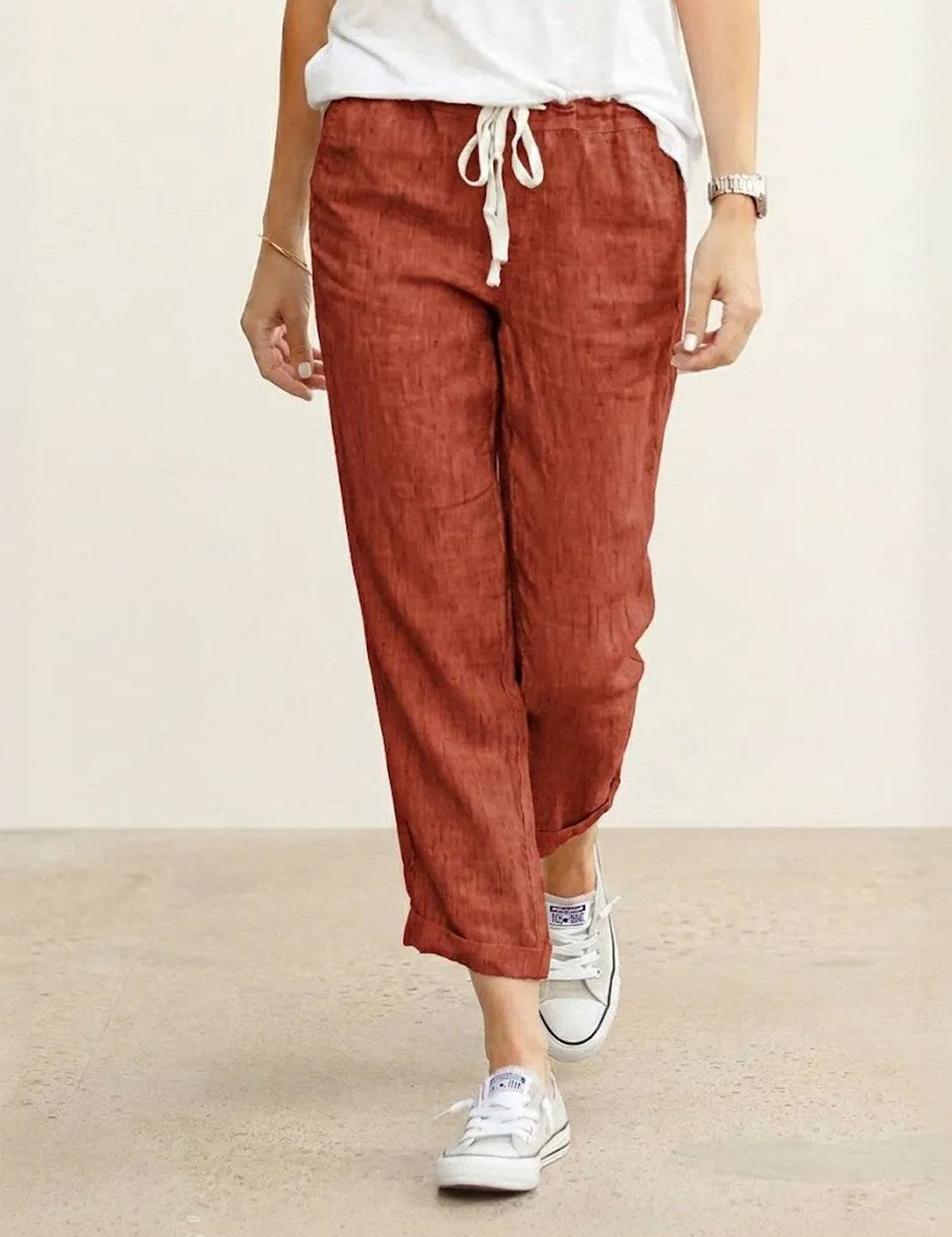 Ceciliane Mortvaux | Women's Linen-Look Drawstring Straight-Leg Trousers