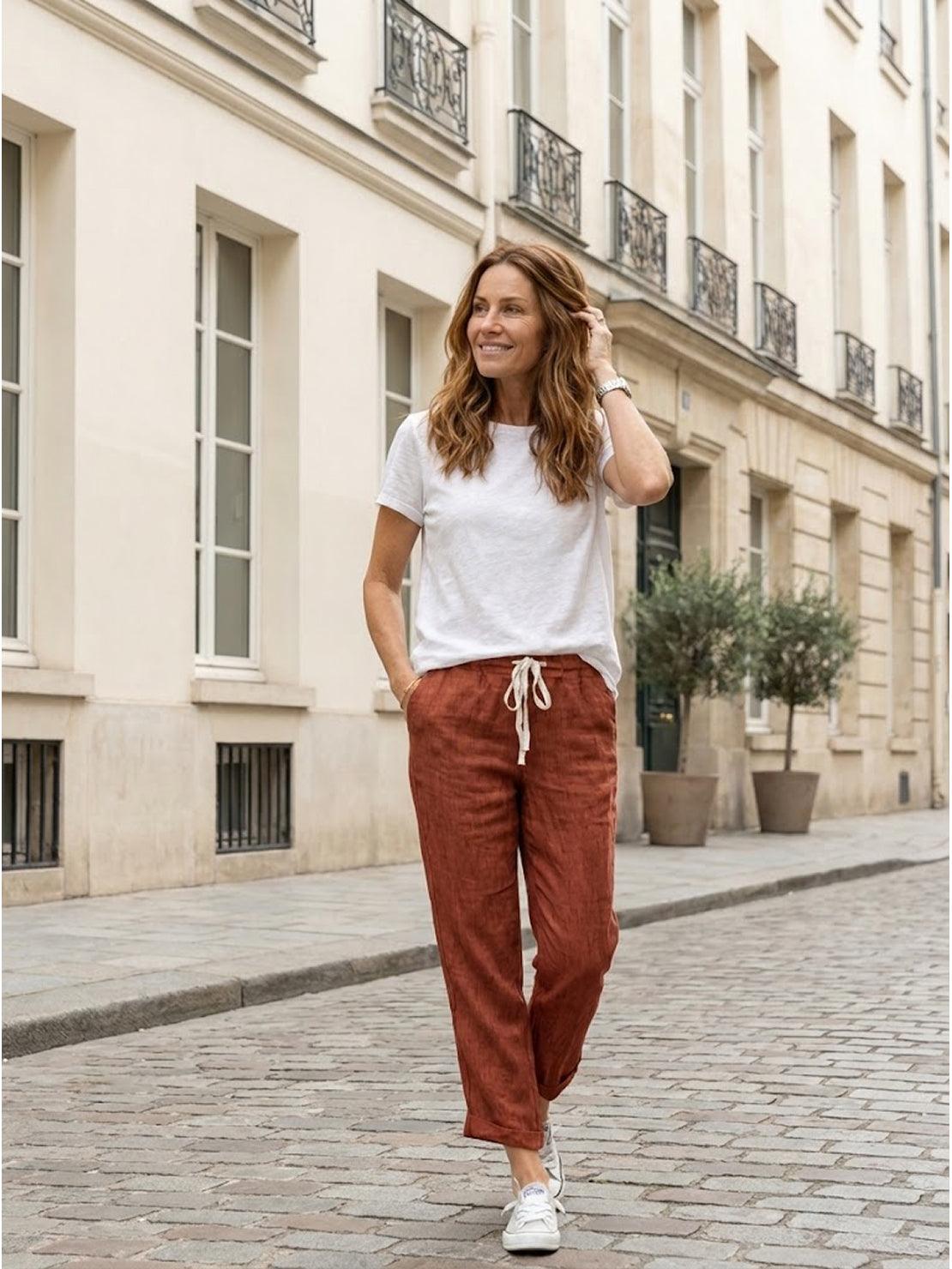 Ceciliane Mortvaux | Women's Linen-Look Drawstring Straight-Leg Trousers