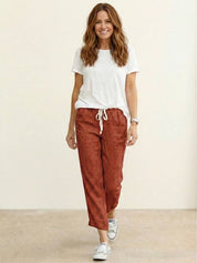 Ceciliane Mortvaux | Women's Linen-Look Drawstring Straight-Leg Trousers