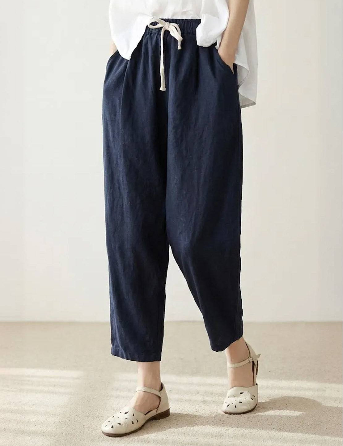 Ceciliane Mortvaux | Women's Linen-Look Drawstring Straight-Leg Trousers