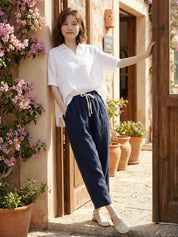 Ceciliane Mortvaux | Women's Linen-Look Drawstring Straight-Leg Trousers