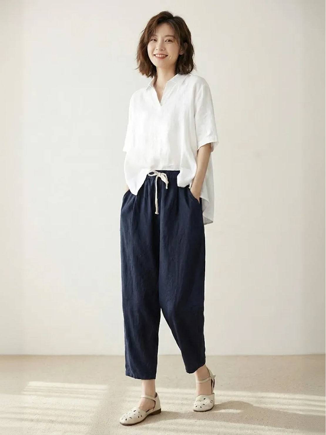 Ceciliane Mortvaux | Women's Linen-Look Drawstring Straight-Leg Trousers
