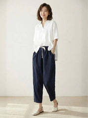 Ceciliane Mortvaux | Women's Linen-Look Drawstring Straight-Leg Trousers
