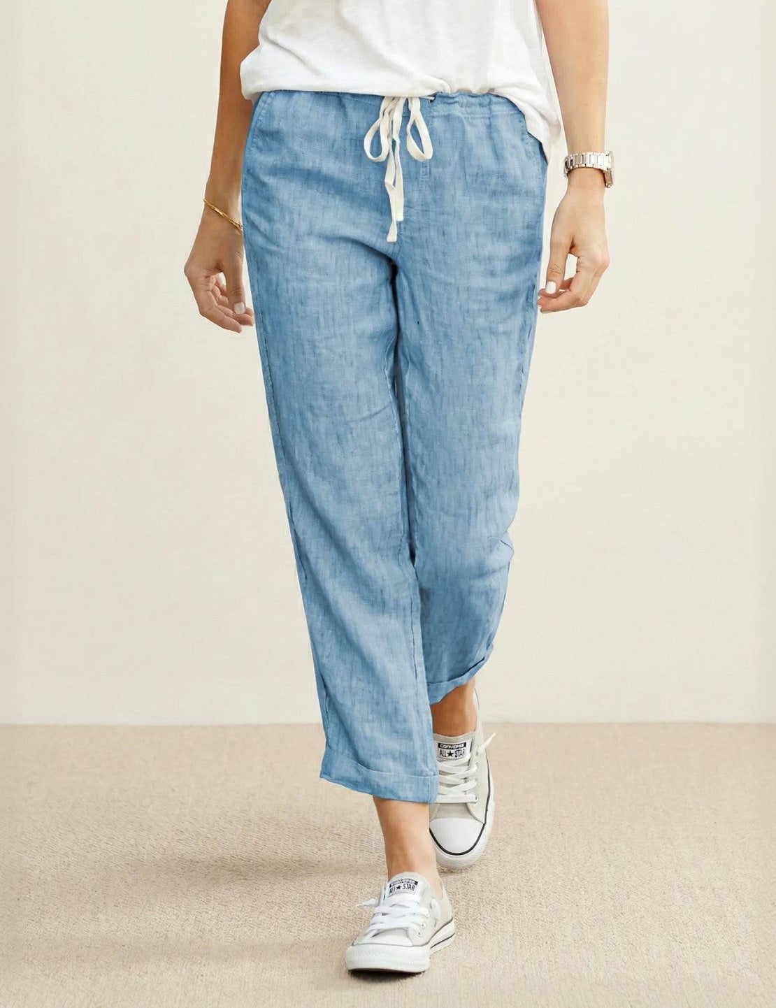 Ceciliane Mortvaux | Women's Linen-Look Drawstring Straight-Leg Trousers
