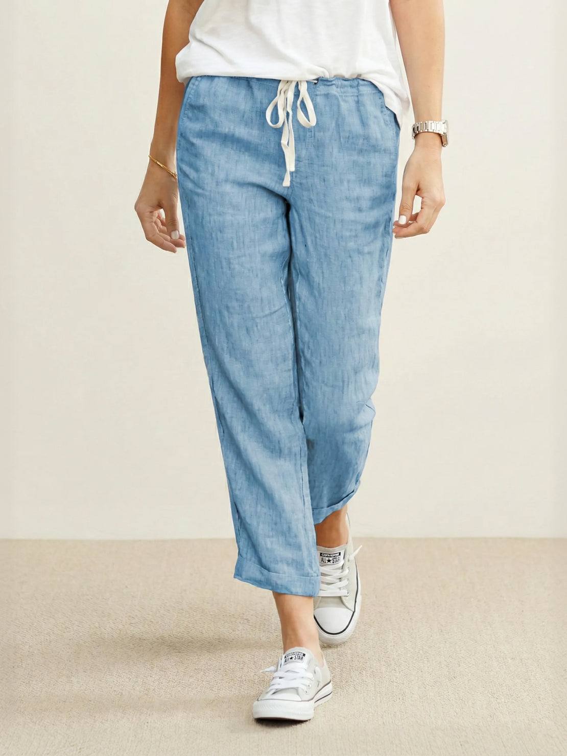 Ceciliane Mortvaux | Women's Linen-Look Drawstring Straight-Leg Trousers