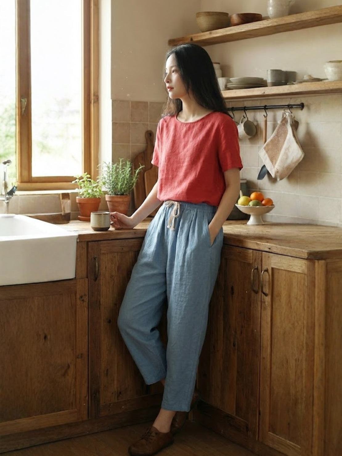 Ceciliane Mortvaux | Women's Linen-Look Drawstring Straight-Leg Trousers