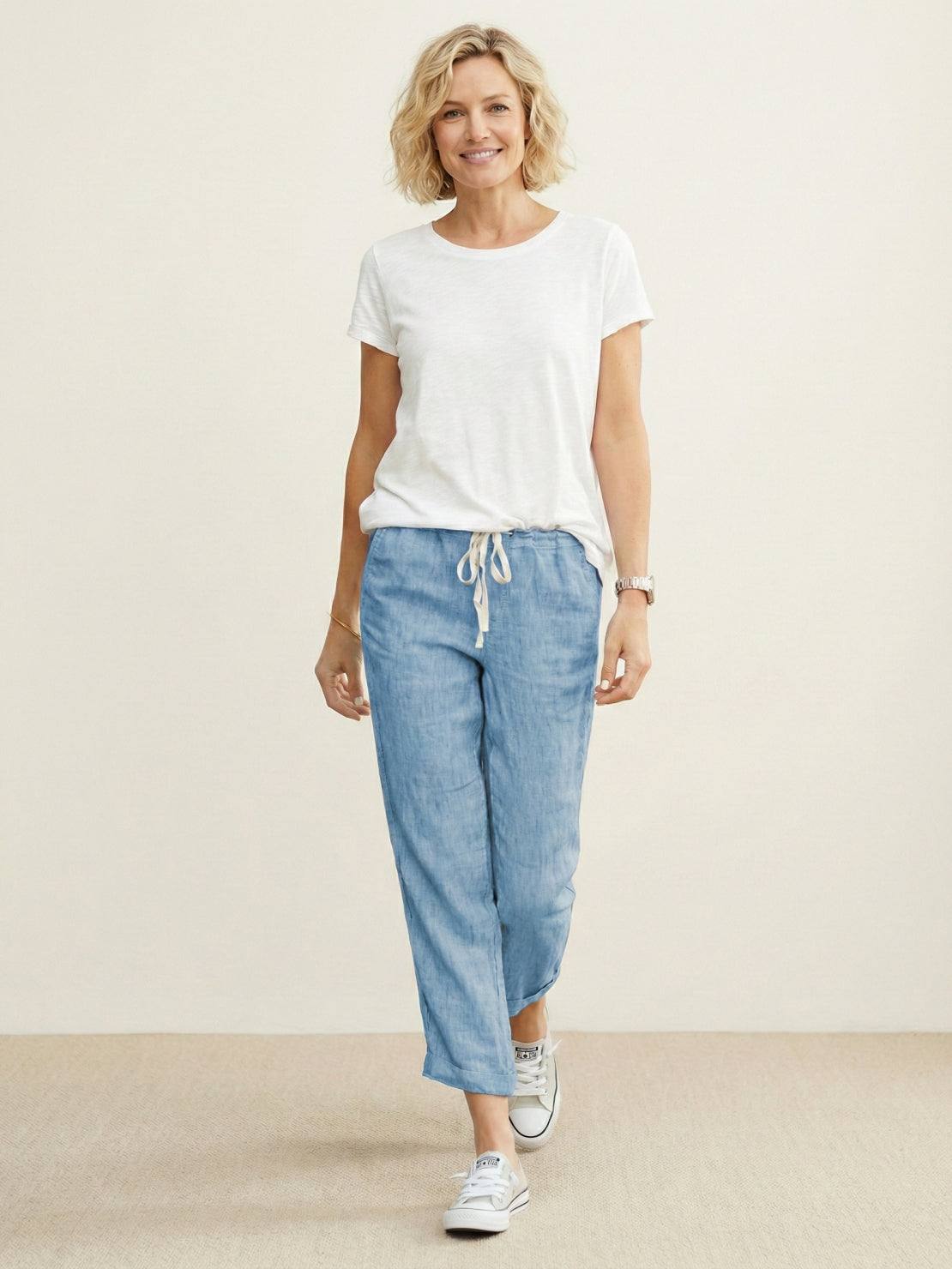 Ceciliane Mortvaux | Women's Linen-Look Drawstring Straight-Leg Trousers