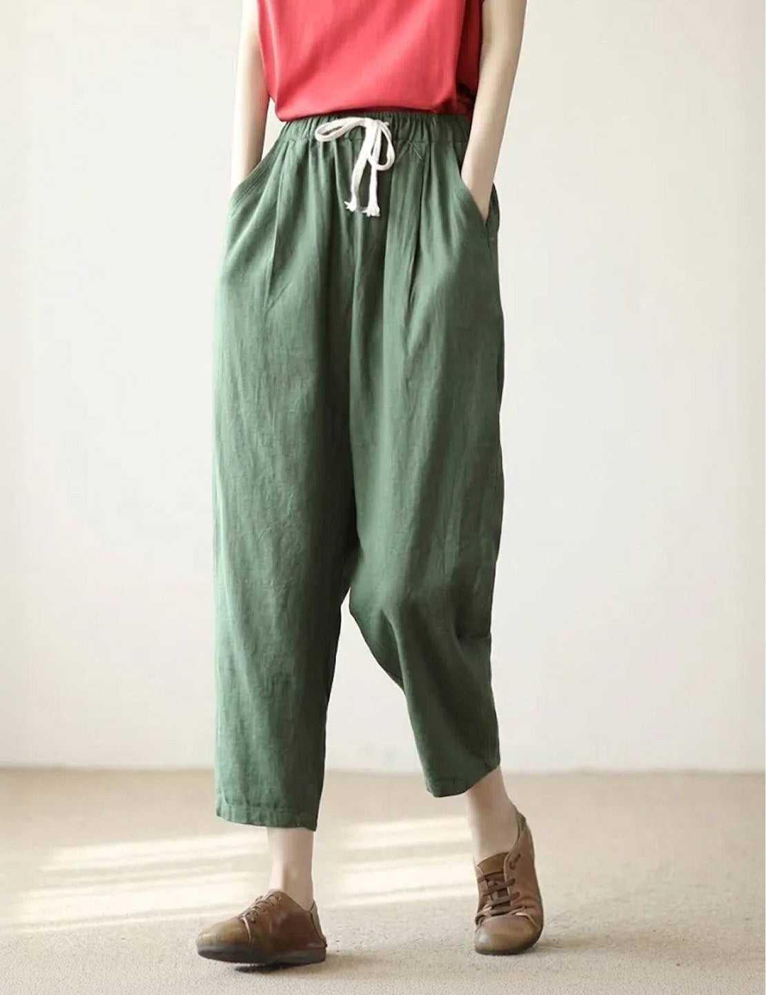 Ceciliane Mortvaux | Women's Linen-Look Drawstring Straight-Leg Trousers