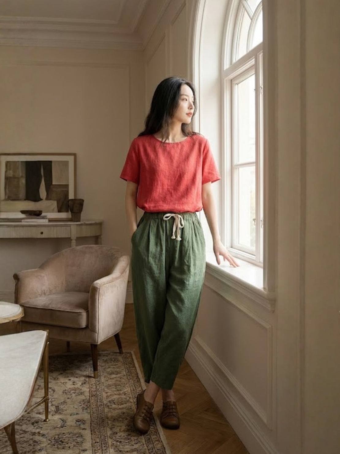 Ceciliane Mortvaux | Women's Linen-Look Drawstring Straight-Leg Trousers