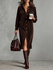 Rosalind Chanteclair | Camel Corduroy Midi Shirt Dress