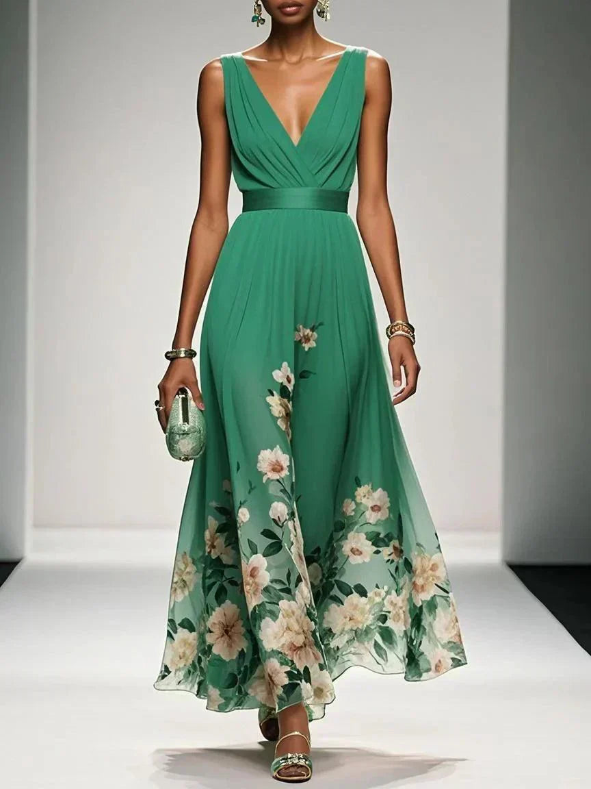 Venetia Somerleigh | Light Blue Floral Maxi V-Neck Dress