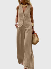 Céline Beauvernet | Khaki Linen-Look Wide-Leg Two-Piece Vest Set
