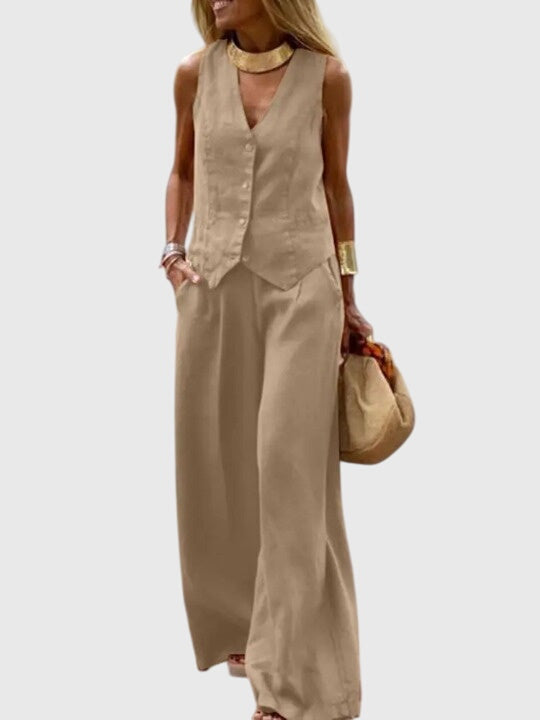 Céline Beauvernet | Khaki Linen-Look Wide-Leg Two-Piece Vest Set